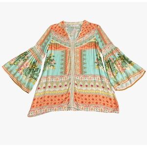 Angel Heart Boutique Tunic Top Womens M Tropical Floral Print Bell Sleeve Boho